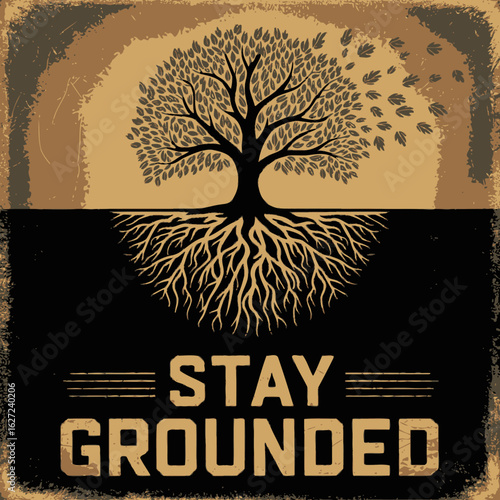 Symbolic illustration of a vibrant tree with strong roots and leaves blowing in the wind accompanied by the motivational phrase stay grounded representing stability and resilience