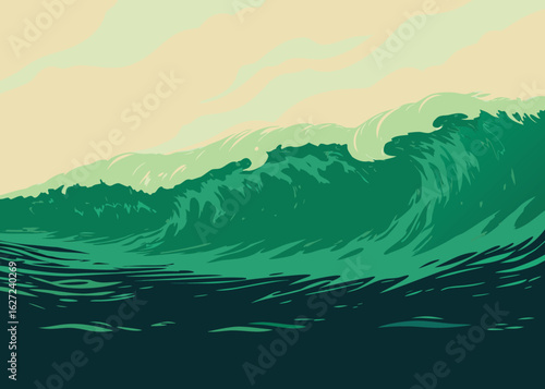 Powerful ocean wave crests with dramatic green hues under a soft sky