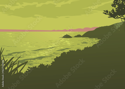 Serene coastal landscape with gentle waves and dramatic silhouette of trees at dusk