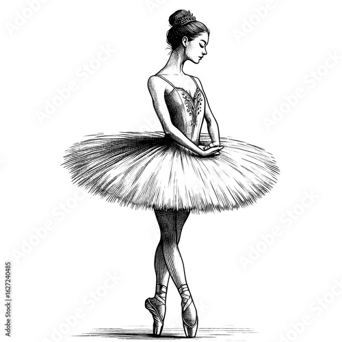 A ballerina standing en pointe with a tutu, line sketch engraving. black and white.
