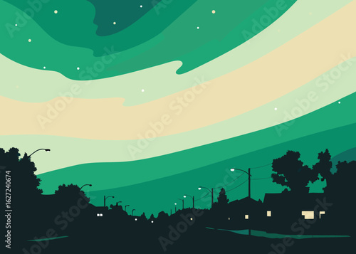 Serene suburban street scene under stylized green aurora sky with gentle wavy patterns