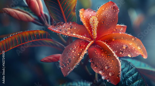 Vibrant Tropical Flower Bursting with Dewdrops Macro