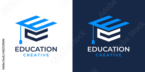 E C Education College Logo Design Vector Template. Graduation Cap Logo Icon Symbol. Design of College, Graduation, Hat, Creative, Modern. 1