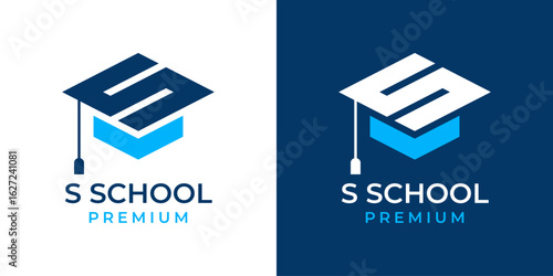Letter S Education Cap College Logo Design Vector Template. Initial Letter S Education Logo Icon Symbol. Design of College, Graduation, Hat, Creative, Modern. 1