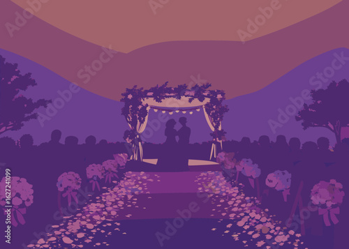 Romantic wedding ceremony with couple under floral arch, guests seated, petals on aisle