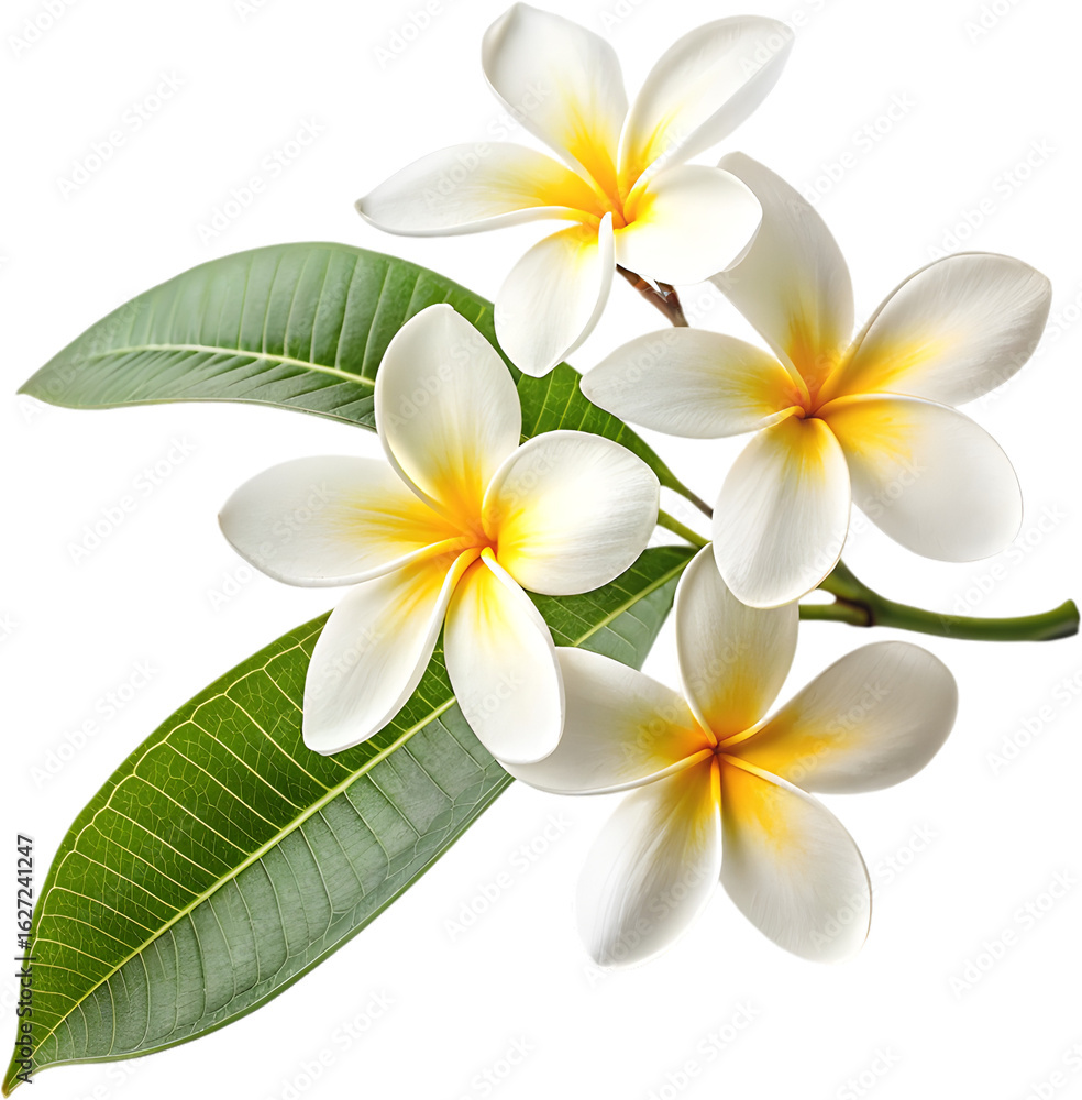 Exquisite plumeria flowers with a vibrant yellow center, perfect for adding a touch of serene elegance to any design project. Exquisite plumeria flowers with a vibrant yellow center, perfect for adding a touch of serene elegance to any design project.