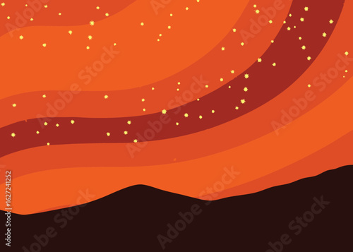 Vibrant starry night sky with warm orange gradient layers over dark rolling hills