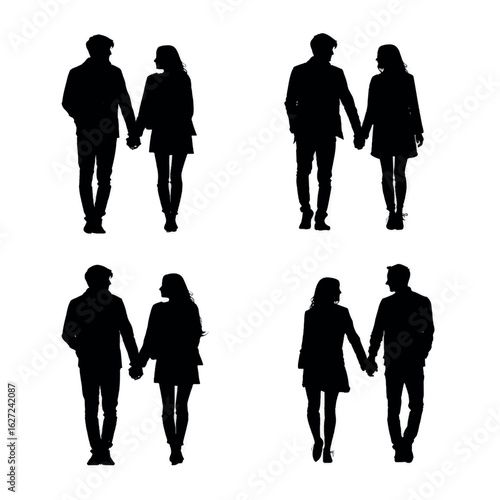 vector illustration of couple holding hands silhouette set, Black & White silhouette set