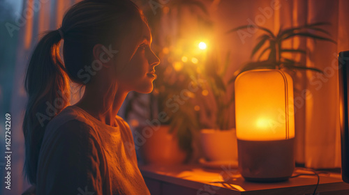 Woman Interacting with Virtual Assistant in Warm Lit Home