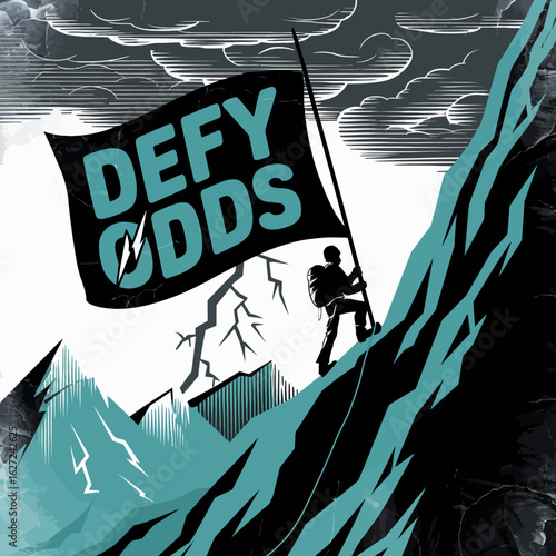 A lone climber plants a flag with the words defy odds on a treacherous mountain peak against a stormy sky symbolizing determination and overcoming adversity
