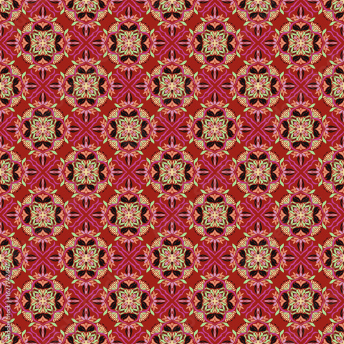 Beautiful seamless multi-colored flowers on a red