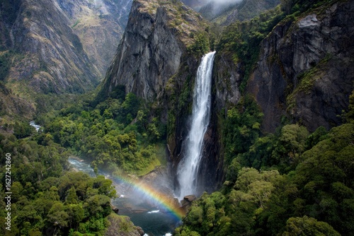 Waterfall Plunging in Remote Valley with Rainbow Forming; Ideal for travel, nature ad