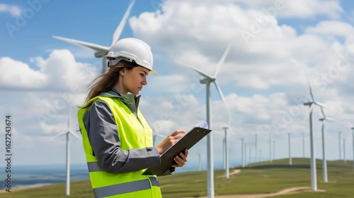 Woman engineer inspecting wind turbines at a wind farm under a cloudy blue sky representing renewable energy sustainability and environmental conservation with copy space