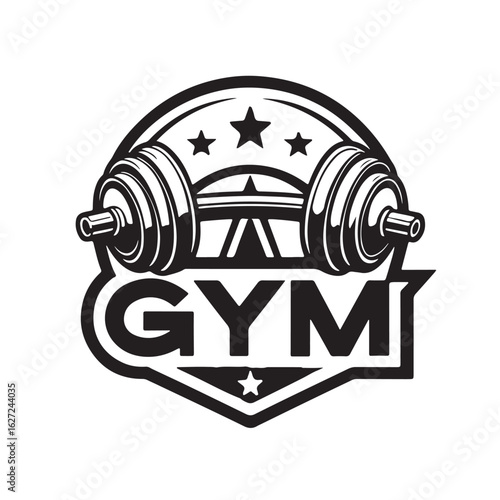 Barbell with Stars Gym Logo in Round Badge – Vector Fitness Emblem

