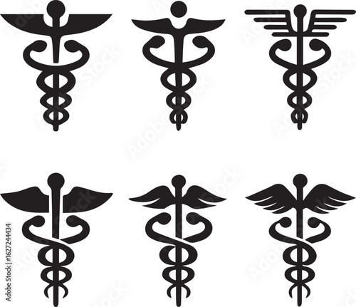 caduceus symbol set, caduceus medical silhouette vector set black and white