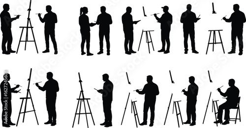 Artist silhouette painting on easel, creative drawing figures, painter illustration set, people with brushes, art class scene, vector design elements