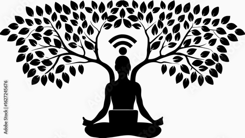 Silhouette of a person meditating with a laptop, under a tree with a wifi symbol above the head