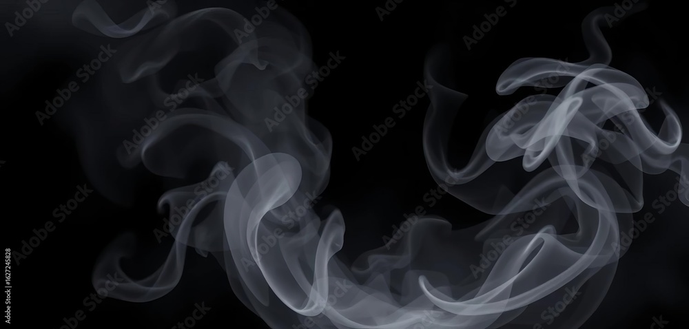 Fototapeta premium Ethereal white fog swirls on a pure black background, creating a mystical, smoky effect, background, photography