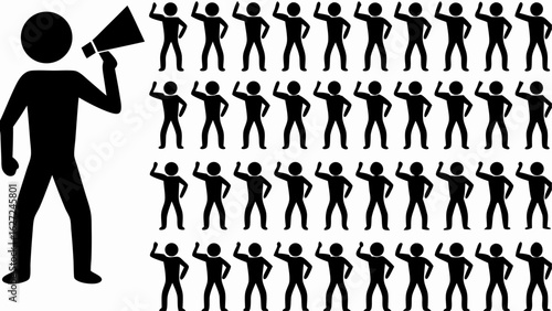 A leader with a megaphone and a large group of people with their arms raised in the air in black color silhouette