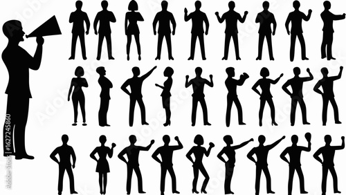 Silhouette of a man with a megaphone and a crowd of people in various poses and gestures in black and white