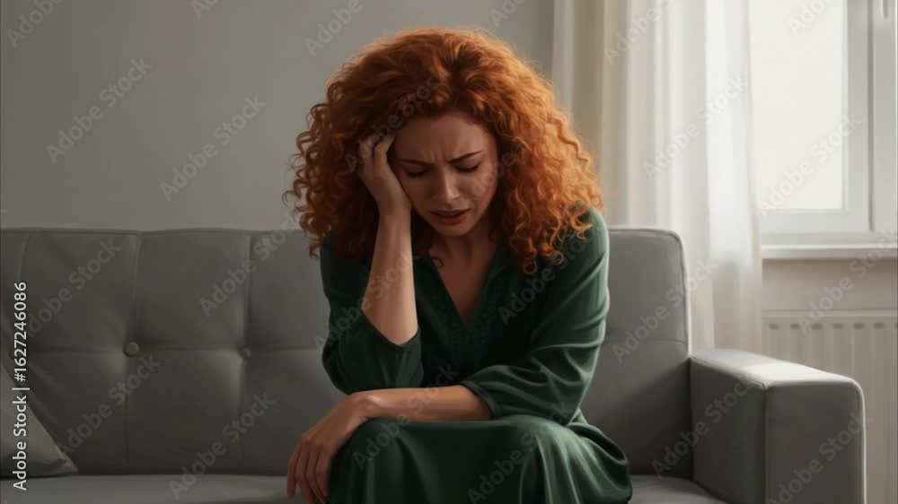 Woman Holding Her Head in Pain, Sitting Alone Woman Holding Her Head in Pain, Sitting Alone