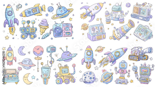 Fun and colorful hand-drawn of rockets, robots, planets, and space gadgets in a cute pastel sci-fi collection perfect for kids and tech themes.

