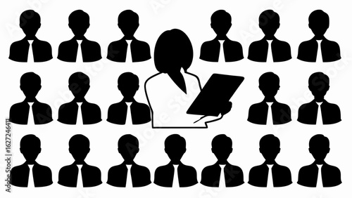 Silhouette illustration of a female figure holding a document surrounded by male figures in ties and shirts