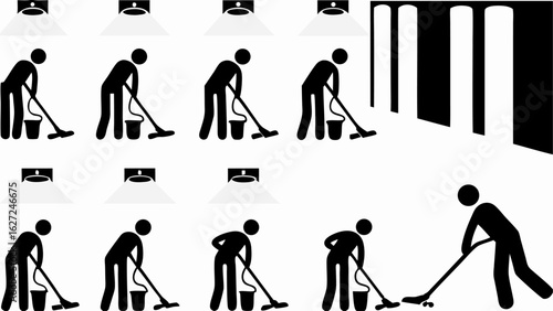 Illustration showing multiple stick figures mopping floors under lights and near pillars in black and white silhouette