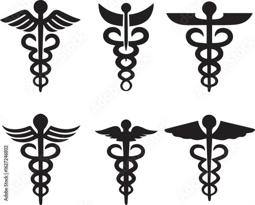 caduceus symbol set, caduceus medical silhouette vector set black and white