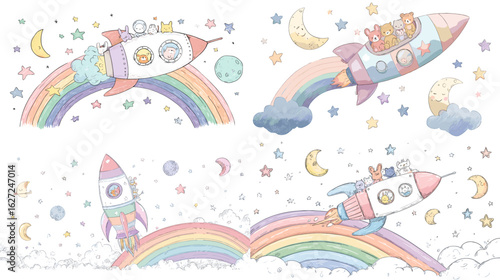 Charming animal astronauts fly colorful rockets across rainbows and stars in a playful, imaginative pastel space-themed children’s illustration.

