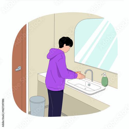 A young individual is shown washing their hands at a modern sink, emphasizing hygiene, self-care, and healthy habits in a stylish bathroom setting.
