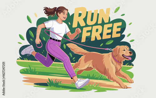 A cheerful young girl running freely with her golden retriever in a lush green park, symbolizing the joy of physical activity, companionship, and outdoor adventure.