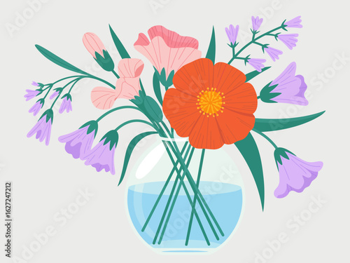 This beautiful illustration features a bright floral bouquet in a clear vase, symbolizing freshness and the joy that flowers bring into our lives and homes.