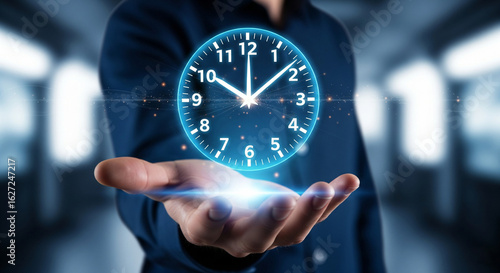 Wallpaper Mural A person's outstretched hand with a glowing, holographic clock interface floating above their palm. The clock has a blue translucent appearance with white numbers and hands. Torontodigital.ca