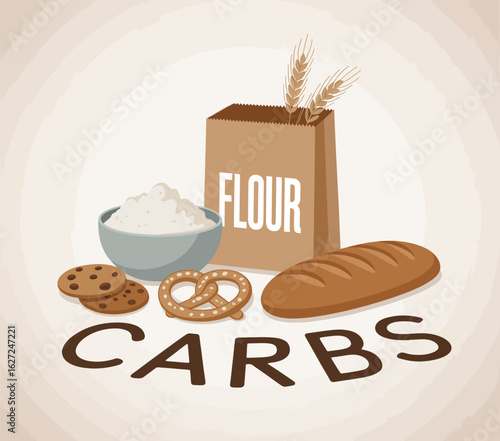An assortment of carbohydrate-rich foods, including bread, cookies, and flour, depicted artistically to highlight the variety and significance of carbs in our diet.