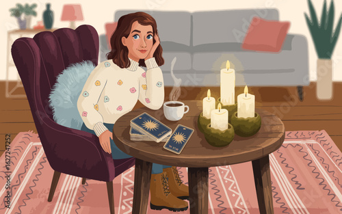A thoughtful woman sitting with a cup of coffee in a cozy room surrounded by candles and tarot cards. This image evokes a sense of calmness and introspection.