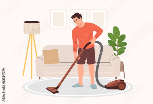 A modern living room scene featuring a man vacuuming, illustrating the importance of cleanliness, home maintenance, and the everyday tasks of maintaining a welcoming environment.