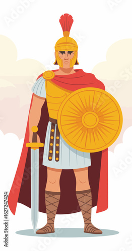 This illustration portrays a Roman gladiator in full armor, ready for battle, symbolizing bravery and strength, making it an exceptional piece for historical or heroic themes.
