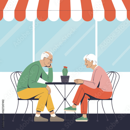 This illustration features a delightful scene of an elderly couple engaged in conversation at a café, emphasizing companionship and joy in later life.