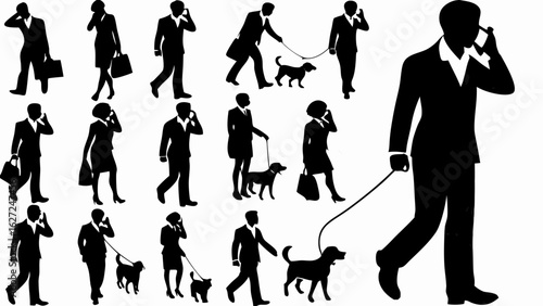 Silhouette of people in business attire talking on cellphones and walking dogs and cats on leashes in black