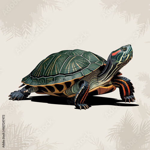 This striking image features a beautifully designed turtle, accented by tropical leaves, showcasing the elegance of wildlife and the beauty of nature's creations.