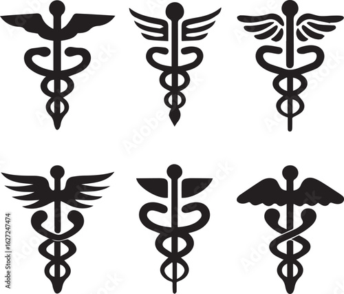 caduceus symbol set, caduceus medical silhouette vector set black and white