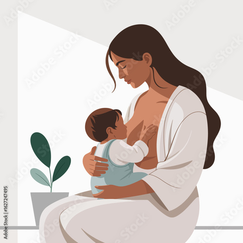 A mother lovingly breastfeeding her baby in a peaceful indoor setting, emphasizing the bond of love, care, and nourishment between them while surrounded by simplicity.