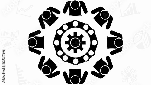 People around a circular table with a gear in the center representing collaboration and teamwork concept silhouette