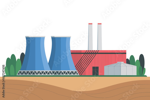 A simple illustration of a power plant featuring distinct cooling towers and smoke stacks, highlighting the energy production sector and its environmental impact.