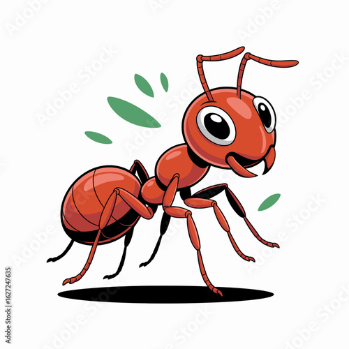 A whimsical red ant with exaggerated features and a lively expression, embodying the spirit of curiosity and the tiny wonders of nature, showcasing cartoonish charm and engagement.