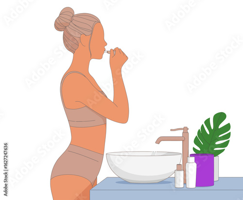 A serene depiction of a woman at her vanity engaging in self-care, emphasizing beauty rituals, personal wellness, and a calming atmosphere in a modern aesthetic.