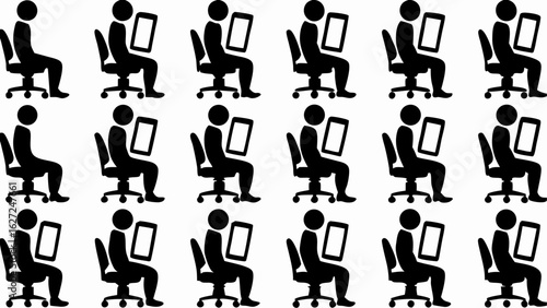 Silhouette pattern of people sitting in office chairs holding tablets in a repetitive arrangement