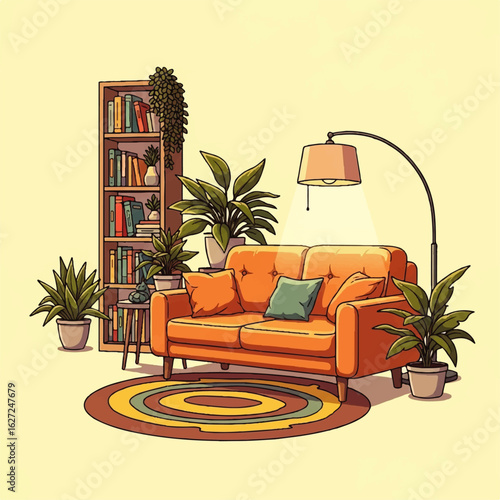 Cozy Living Room with Orange Sofa and Bookshelf.