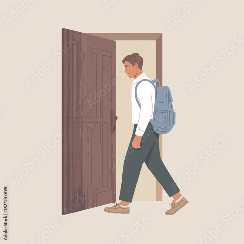 A man walks through a beautifully crafted door, signifying new beginnings and transitions, symbolizing personal growth and opportunity as he embarks on a new journey.